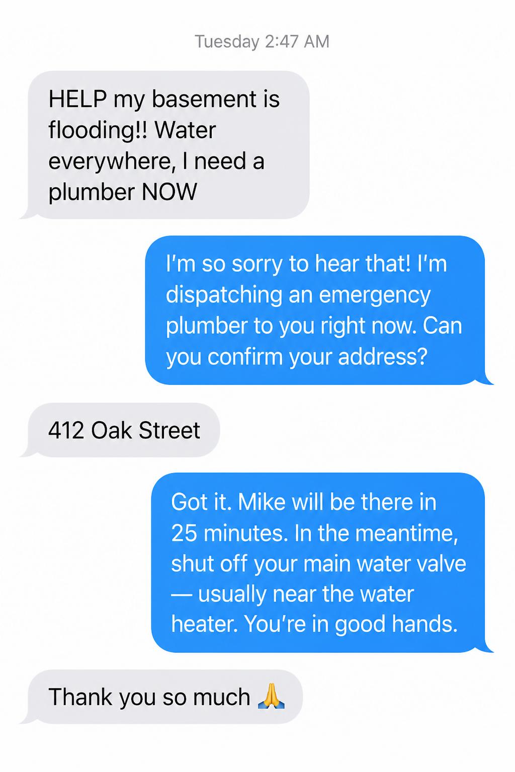 FirstRing AI receptionist helping a homeowner with an after-hours plumbing emergency over text